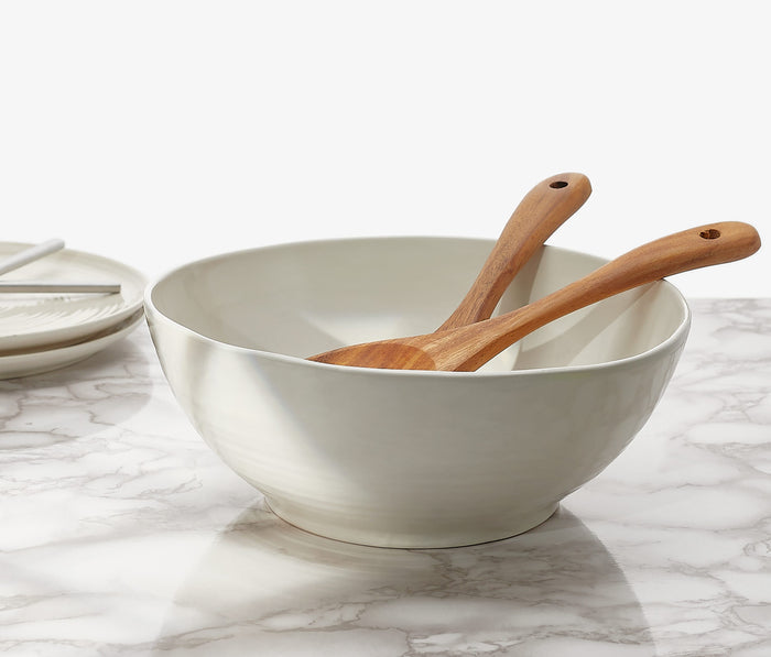 Oyster White Artisan Large &Serving Bowl  and wood servers set- Lollygag