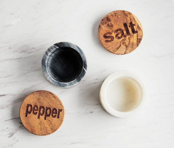 White and Grey marble salt and pepper pots with wood lids