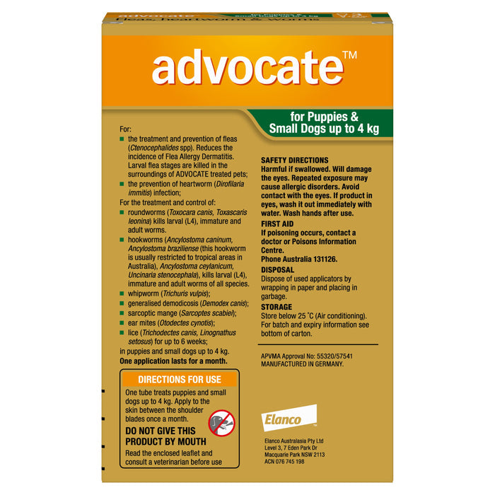 Advocate Flea Heartworm and Worm Treatment for Dogs 0-4kg Green 3 Pack