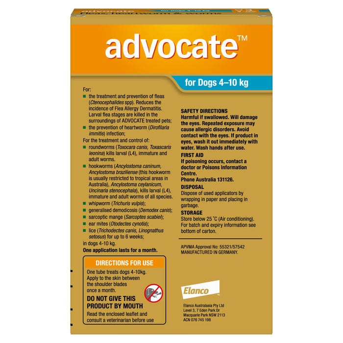 Advocate Flea Heartworm and Worm Treatment for Dogs 4-10kg Aqua 3 Pack