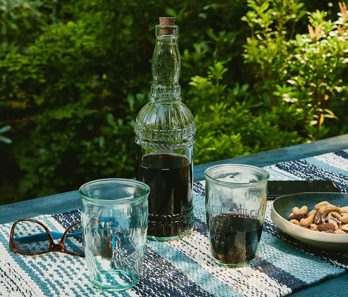 Blue Lagoon stripe-Table Runner and vintage glass carafe set-lollygag.jpg