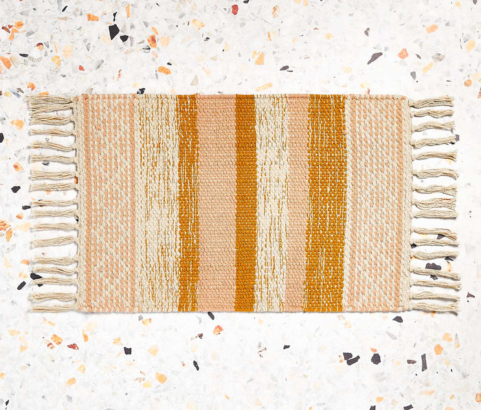Boho ochre, blush, and cream striped woven fringe placemats set- Lollygag