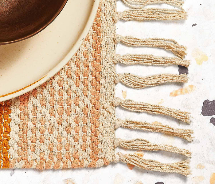 Boho ochre, blush, and cream striped woven fringe placemats set- Lollygag