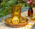 Boho Ochre/Blush Stripe Woven Table Runner  with vintage amber pitcher drinking glass set- Lollygag