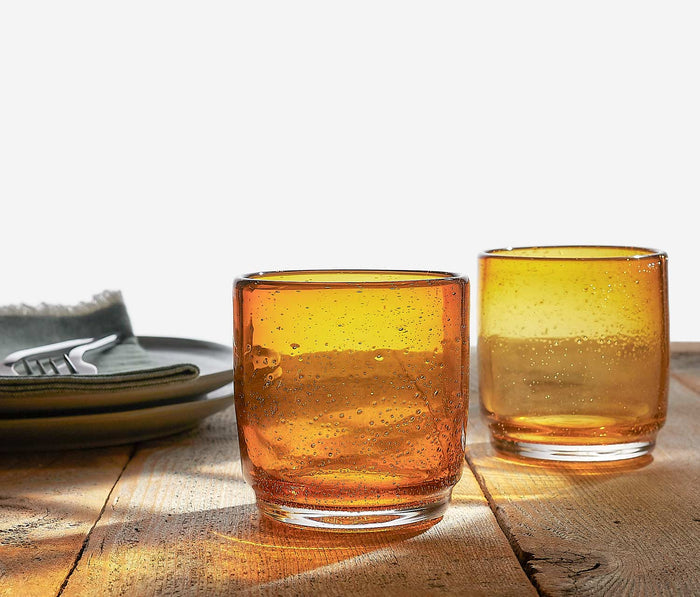 Amber Bubble Hand-Blown Textured Low Tumbler Set - Lollygag.co
