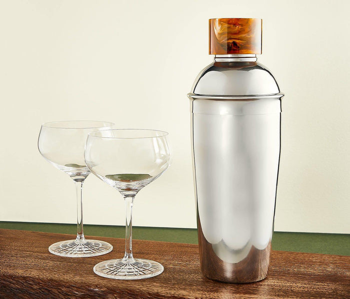 Mid Century stainless  Cocktail Shaker and two coupe Glass Set