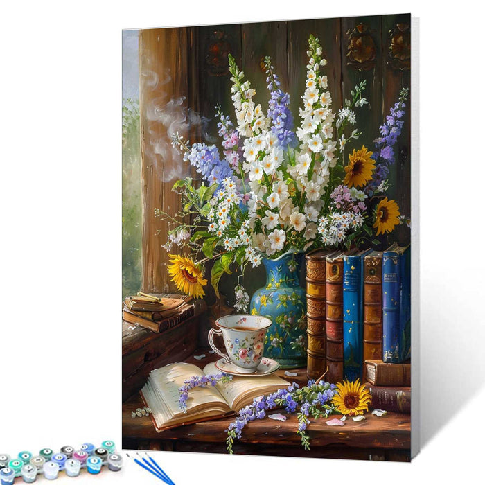 Books Flowers and Tea by the Window Paint by Numbers - Tucocoo