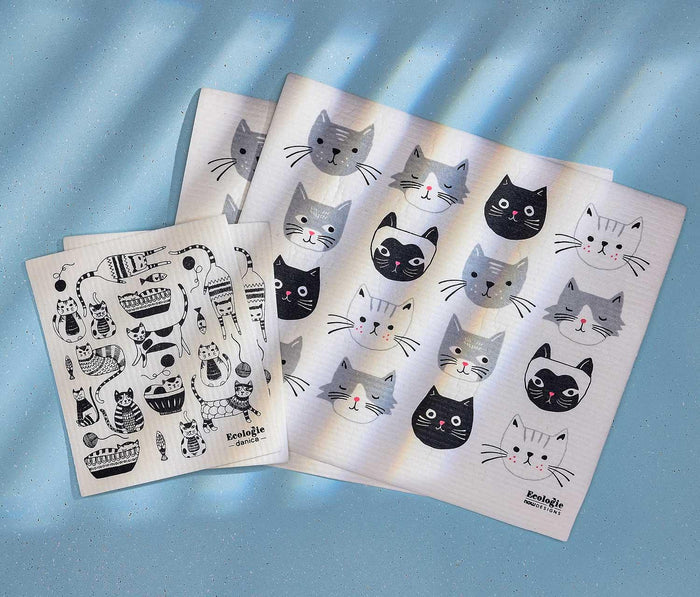 Illustrated Cats Reusable Swedish Dry Mat & Dishcloths Set