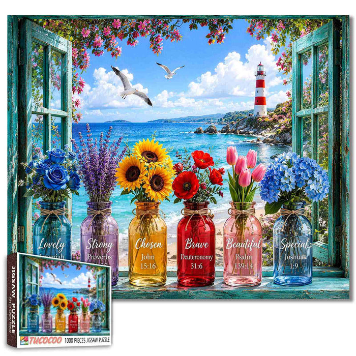Coastal Lighthouse Flower Window View Jigsaw Puzzle