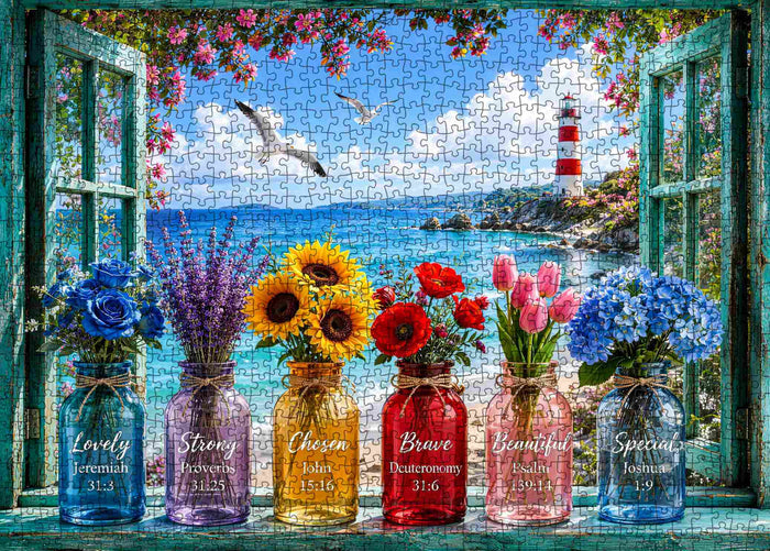 Coastal Lighthouse Flower Window View Jigsaw Puzzle