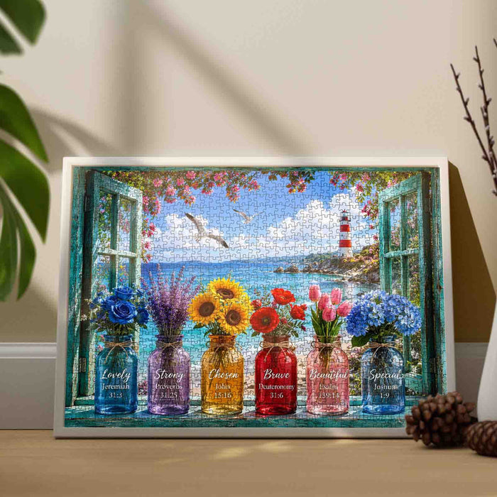 Coastal Lighthouse Flower Window View Jigsaw Puzzle