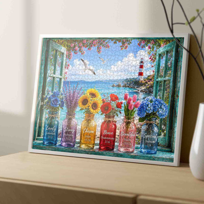 Coastal Lighthouse Flower Window View Jigsaw Puzzle