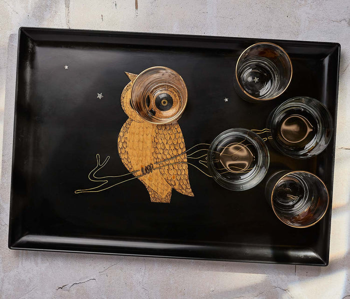 Couroc Of Monterey Owl Large Serving Tray with glasses - lollygag