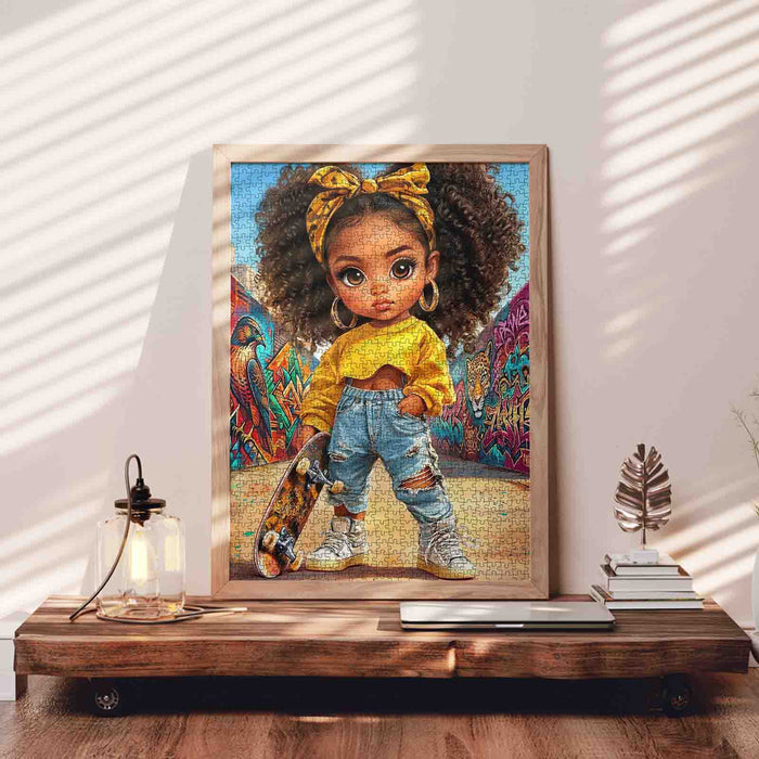 Cute Afro Girl Skateboard Street Art Jigsaw Puzzle