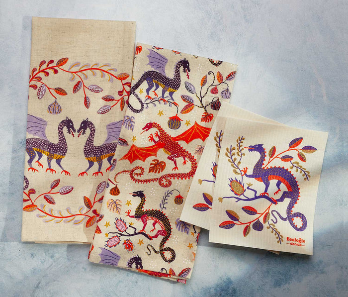 Danica Ember Dragon Dishtowels and Swedish Dishcloth Set