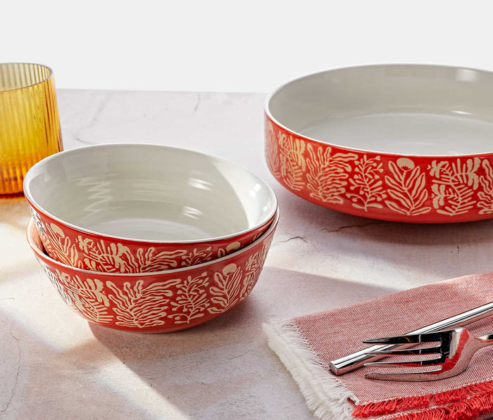 Entwine Imprint Coral Large Low Serving Bowl & Servers Set - Lollygag