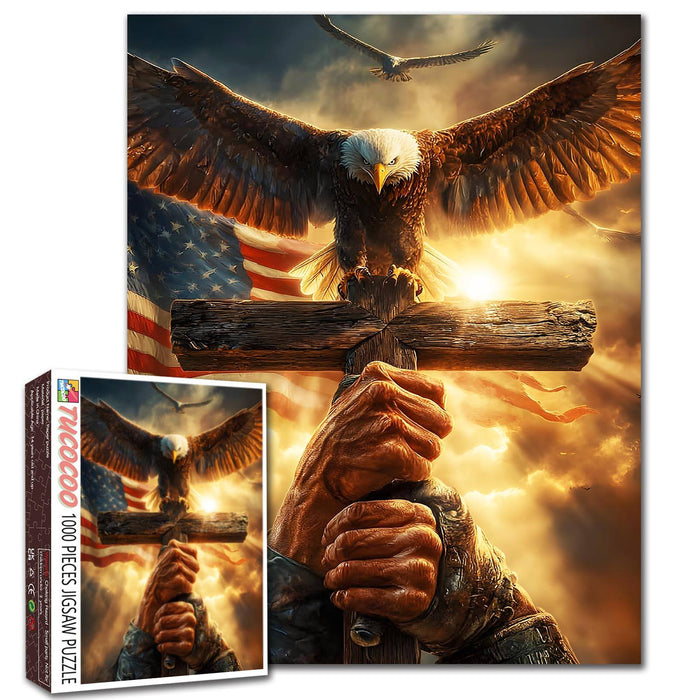 Faith Eagle Cross American Flag Dramatic Sky Jigsaw Puzzle
