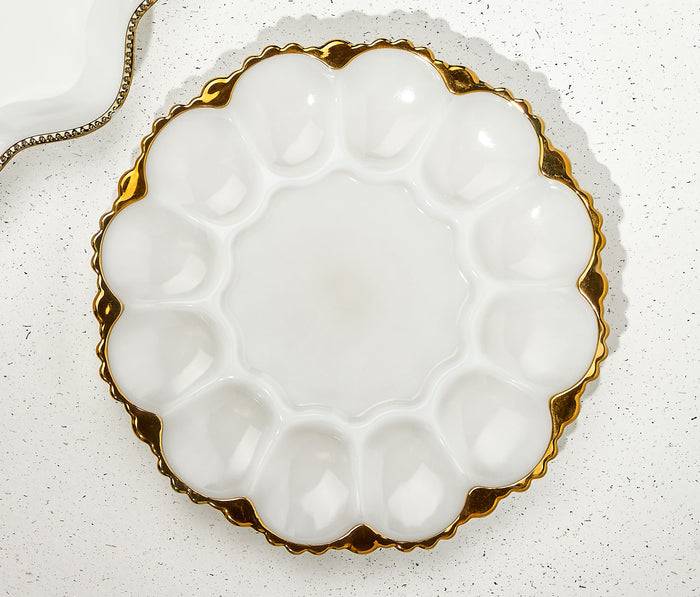 Fire King White & Gold Milk Glass Egg Dish - Lollygag