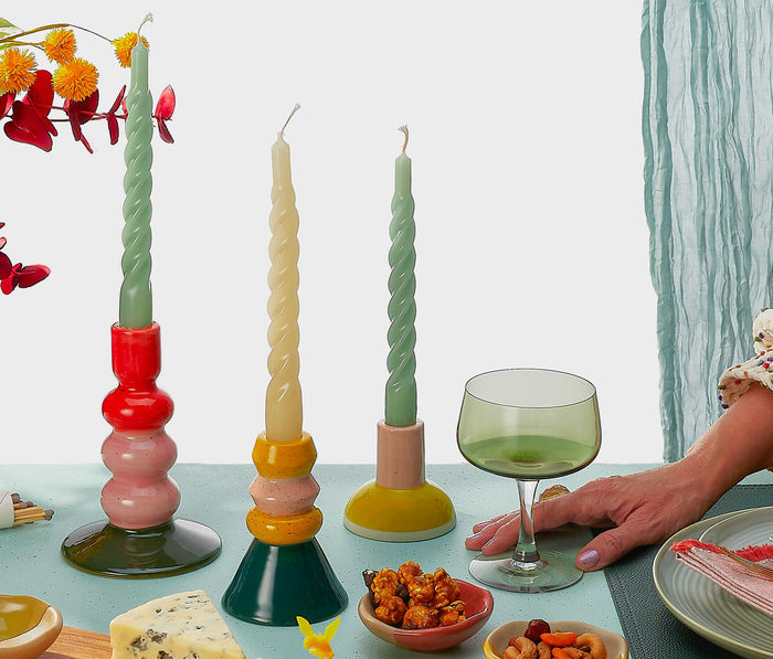 playful, art-inspired, hand-painted stoneware candle holders gift set  - Lollygag