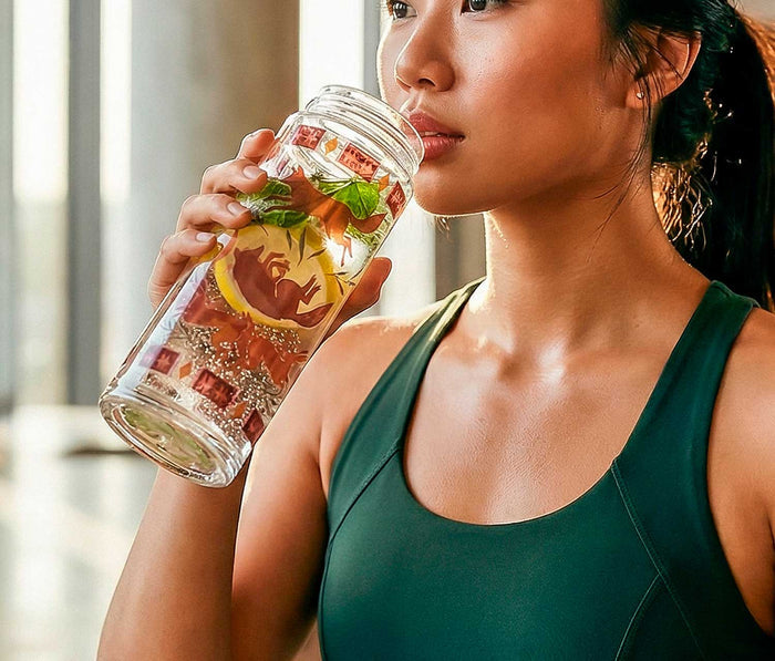Woman drinking from a Fox Double Wall Glass Tea Infuser Bottle - Lollygag