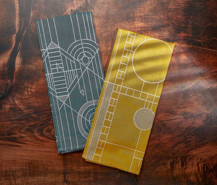 Frank lloyd Geometric patterned ochre and blue kitchen towel set - lollygag