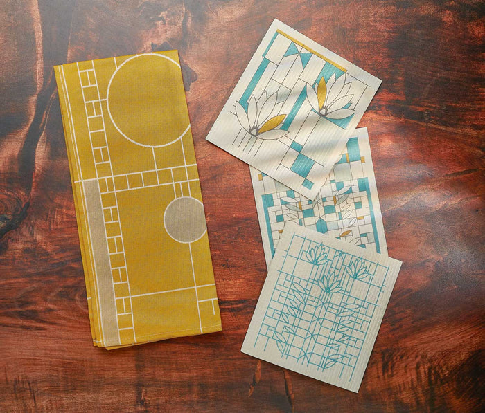Frank Lloyd Wright ochre geometric patterned Kitchen Towel  and swedish cloth set- Lollygag