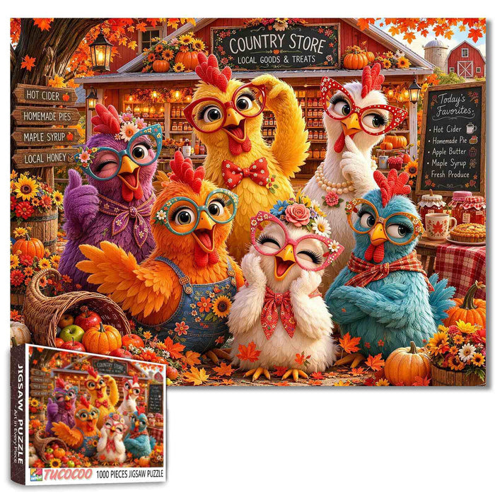 Funny Autumn Country Chickens Jigsaw Puzzle