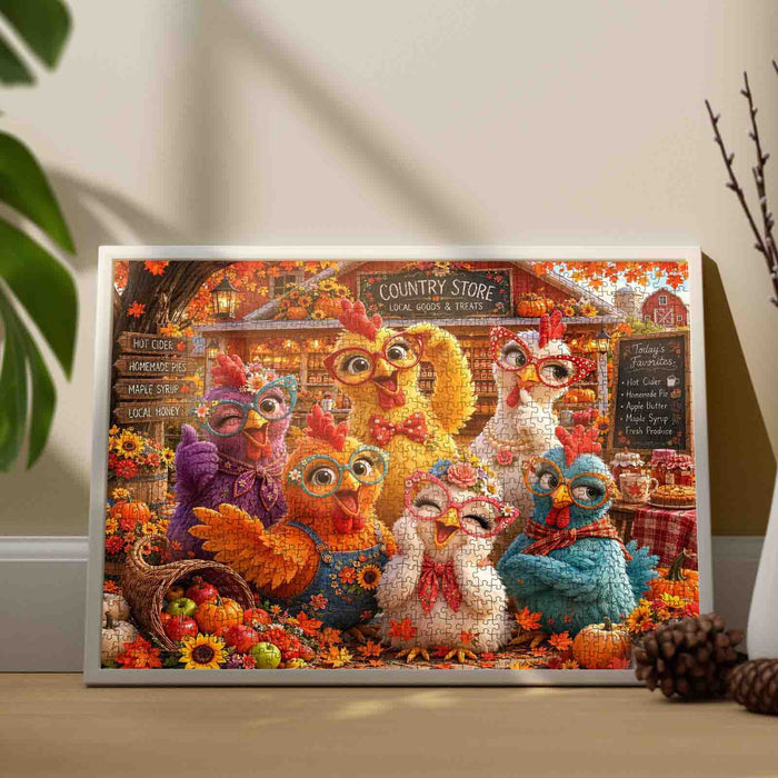 Funny Autumn Country Chickens Jigsaw Puzzle