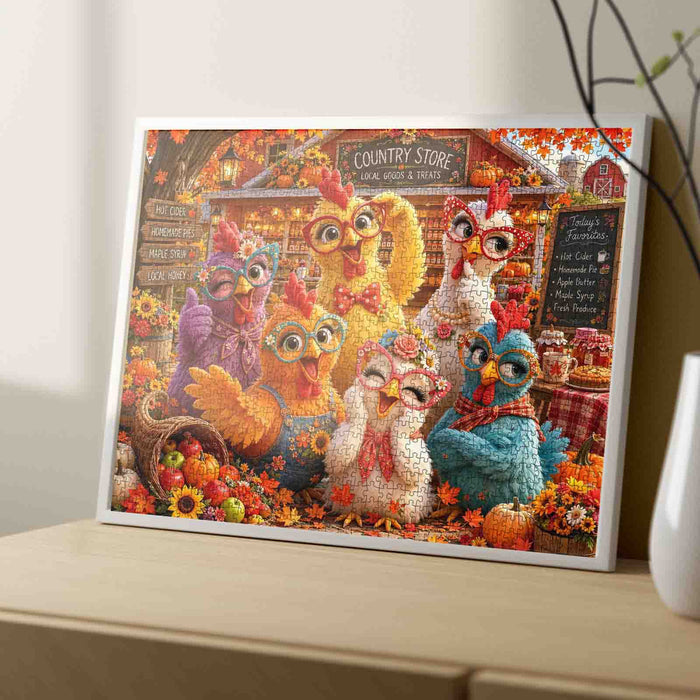 Funny Autumn Country Chickens Jigsaw Puzzle