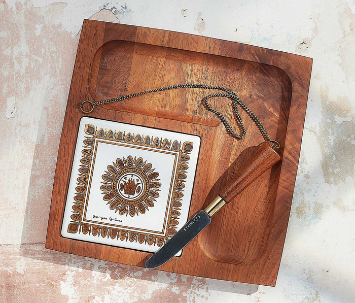 Georges Briard Small Regalia Teak Wood Charcuterie Cheese Board Set - lollgag