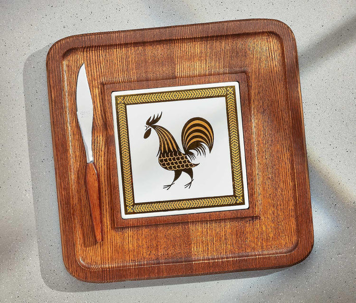 Vintage MCM Golden Rooster Wood Charcuterie Board-lollygag
