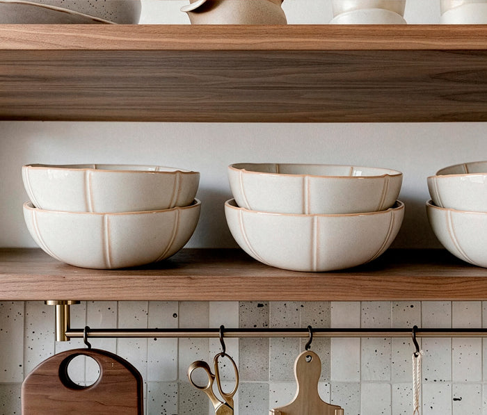 Earthtones Stoneware Large Bowls stacked on a wooden kitchen boho kitchen shelf - lollygag