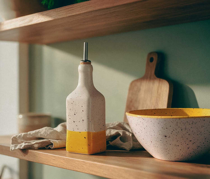 Handmade Ceramic Yellow Speckle Oil Cruet - 12 oz