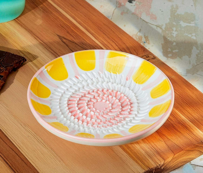 Pink Yellow Ceramic Food Grater Plate on a wooden board- Lollygag