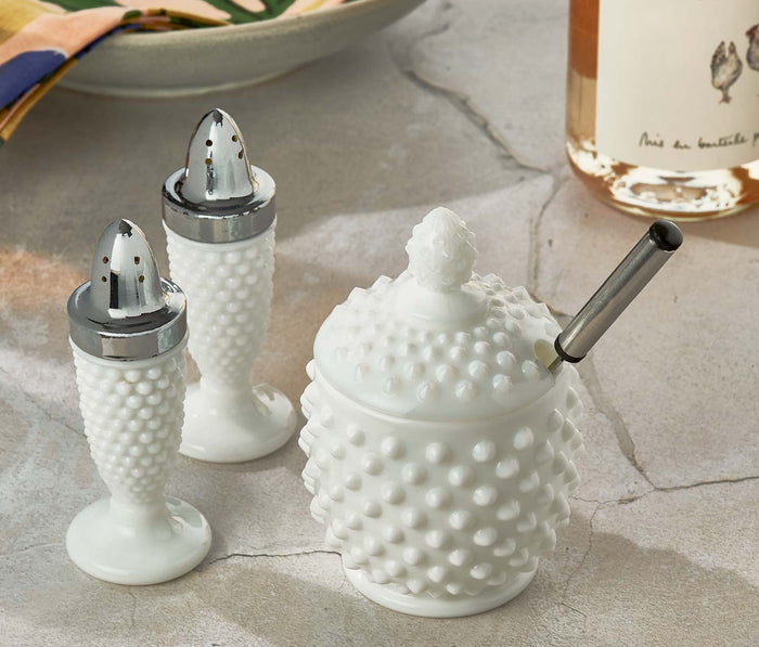 Hobnail Milk Glass Salt & Pepper Shakers and Covered Sugar set