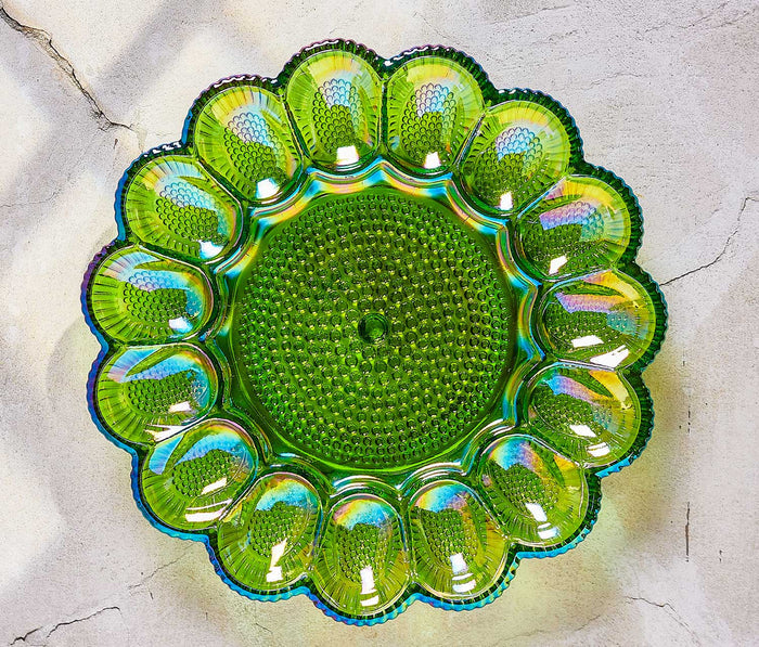 Vintage Iridescent green Carnival glass dish server - lollygag
