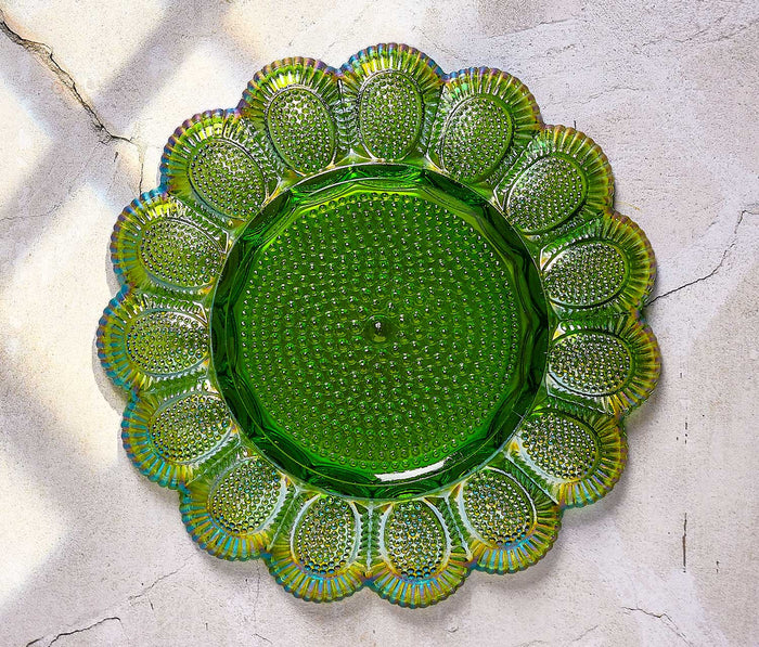Vintage Iridescent green Carnival glass dish server back- lollygag