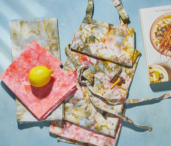 Kaleidoscope Tie/Ice Dyed Apron & Dish Towel Set-Pink and Green Hydrangea Garden
