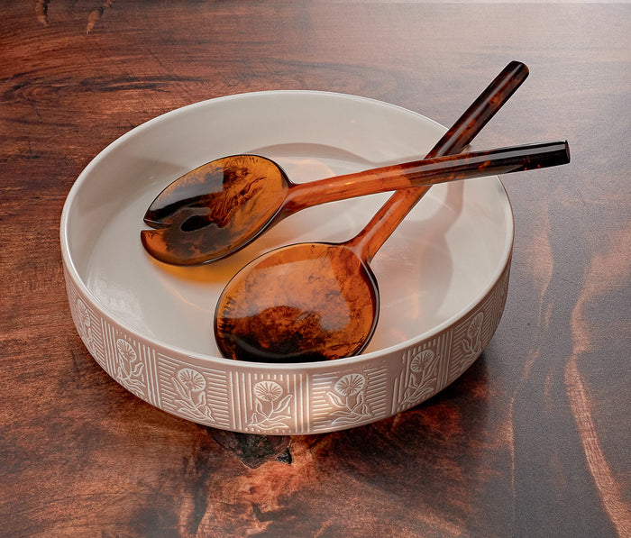 Tortoise Resin Salad Servers in a large serving bowl on a wooden table - lollygag