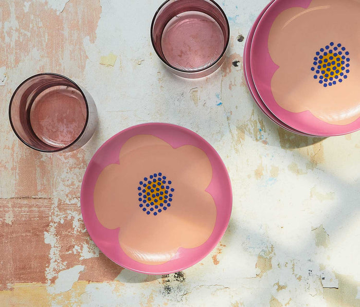 Mid-century modern floral poppy Pink cream dessert ceramic plates - Lollygag