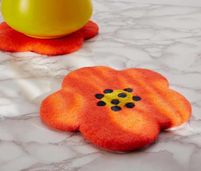 Mod Poppy felted wool flower trivet - lollygag