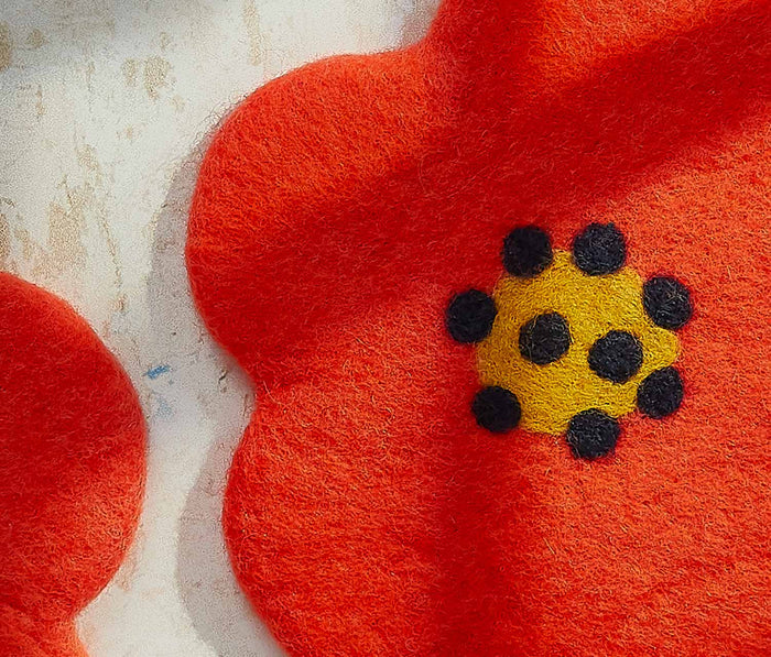 Mod Poppy felted wool flower trivet closeup- lollygag