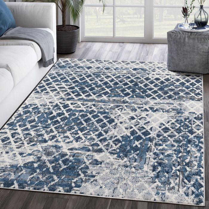 Mist Distressed Diamond Tiles Blue Rug
