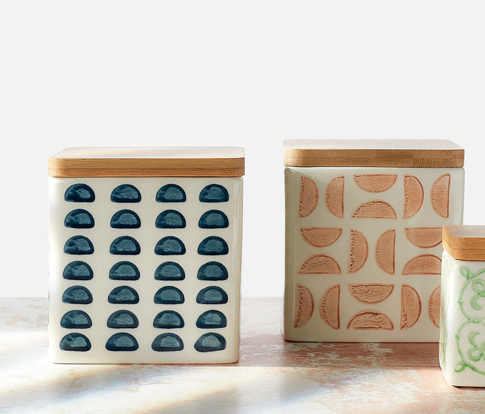 Large Stoneware moon  kitchen Canisters with Bamboo Lid - lollygag