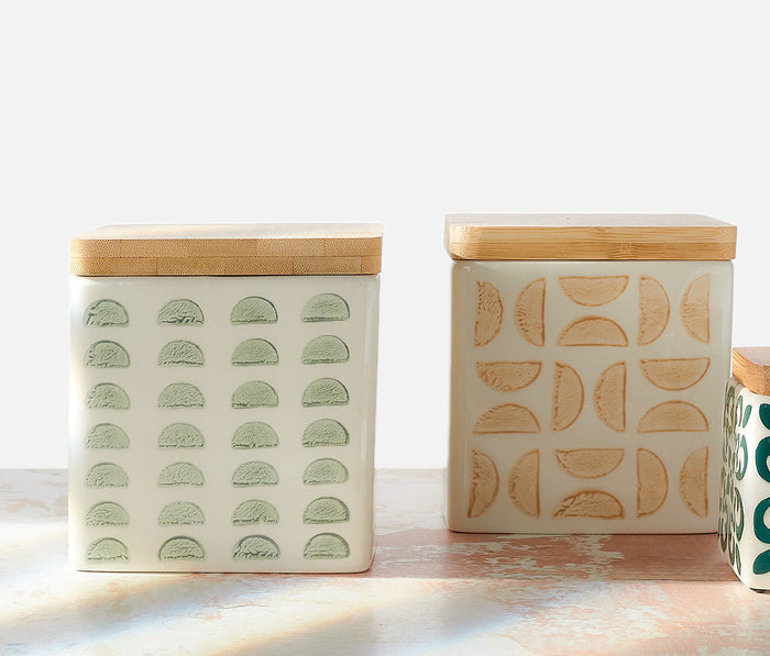 Large Stoneware moon  kitchen Canisters with Bamboo Lid - lollygag