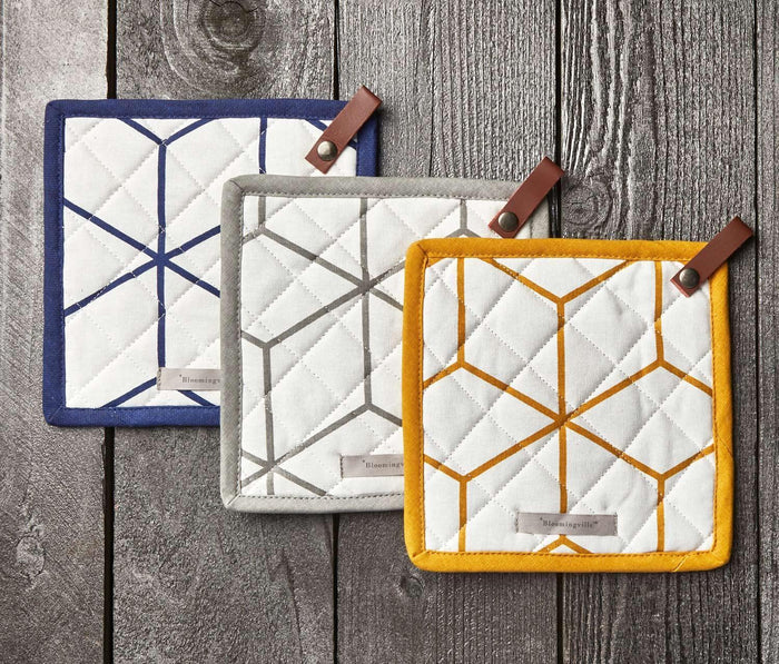 Multi colored Geo Square Cotton Pot Holder with leather Loop