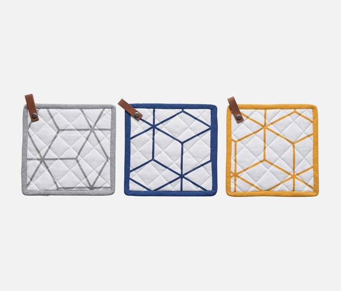 Geo Square Cotton Pot Holder with leather Loop
