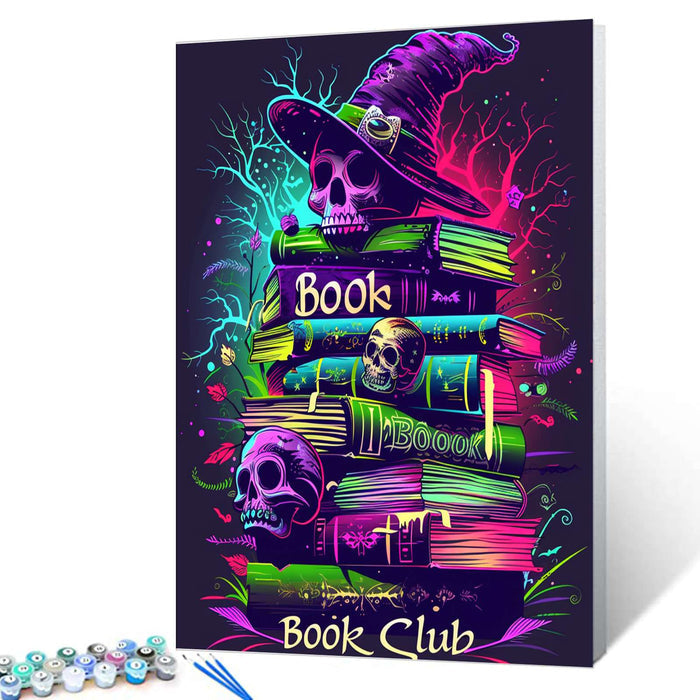 Neon Skulls and Witch Hat Book Stack Paint by Numbers - Tucocoo