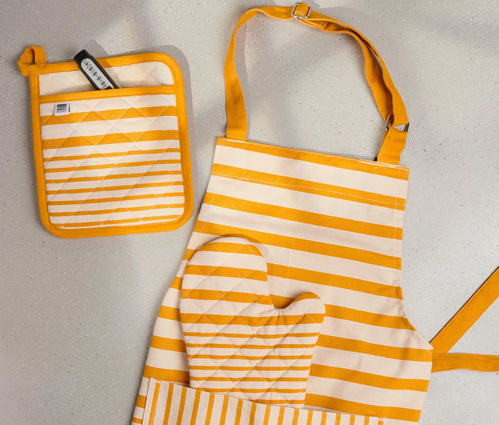 French Ochre Stripe Oven Mitt & Potholder and aproon Set - lollygag