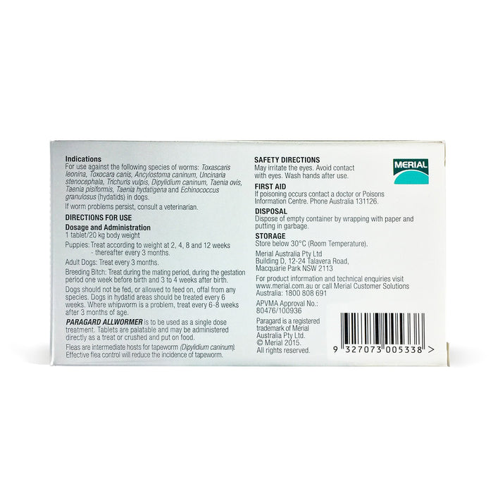 ParaGard Allwormer Tablets for Large Dogs 20kg 3 Pack